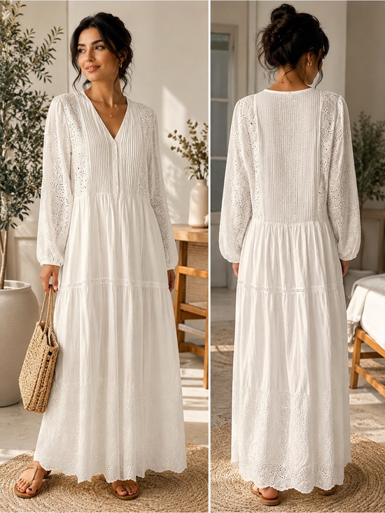 Dresses & Skirts - Elegant White Boho Eyelet Maxi Dress